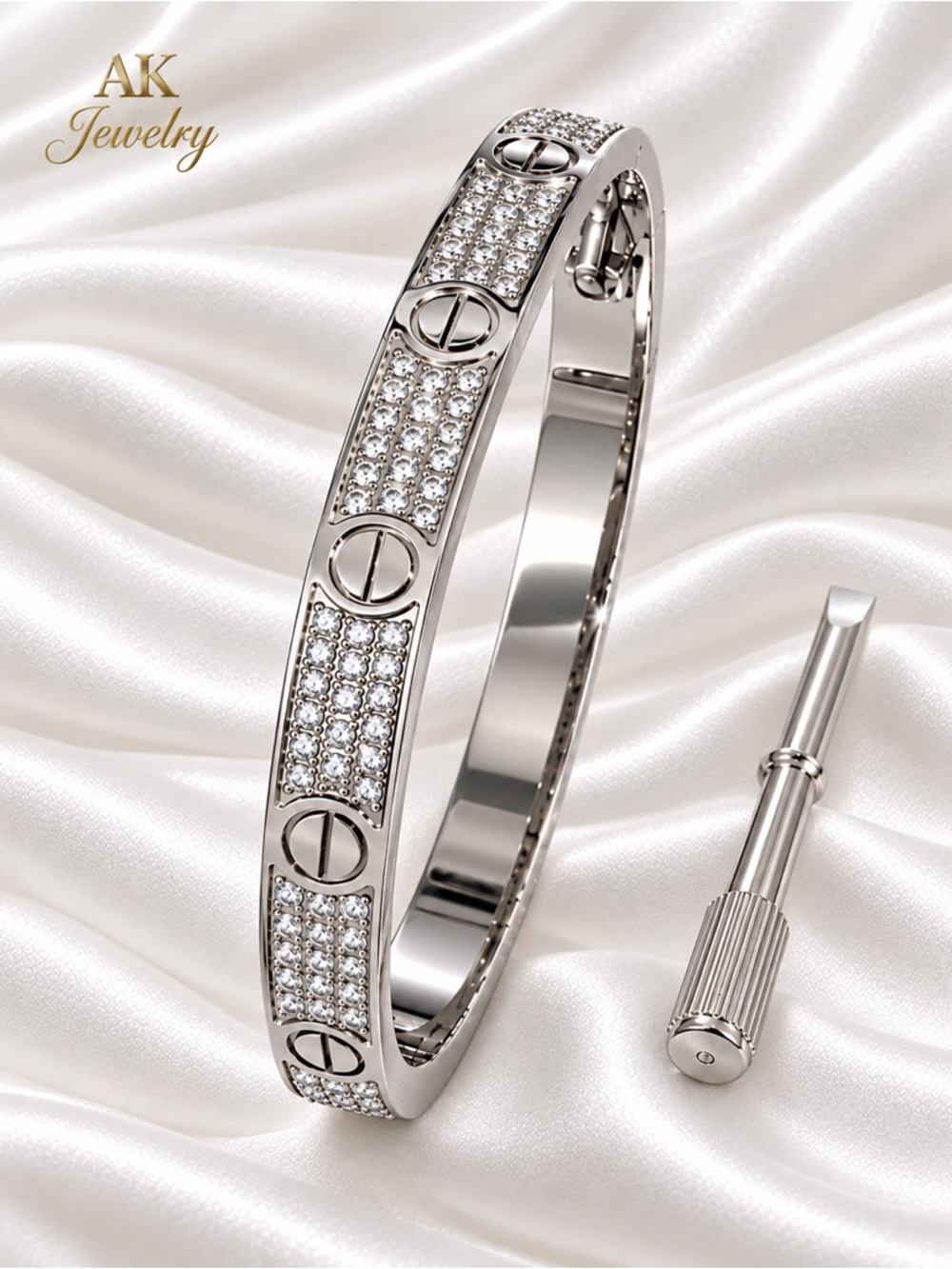💎18k LUXURY AK Jewelry™ Pavé CZ Diamond Bracelet, Bangle, Cuff, White Gold